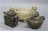 Two Chinese hardstone teapots and a dragon handled dish bowl diameter 25cm                                                             