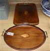 An inlaid mahogany oval tray with brass handles and a similar rectangular tray                                                         