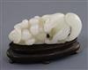 A Chinese white jade carving of a squirrel, grapes and lotus leaf, 18th/19th century, L. 6.4cm, wood stand                             