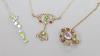 An Art Nouveau style 9ct yellow gold, peridot, pearl and ruby openwork pendant on chain and two other items                                                                                                                 