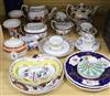 A collection of Regency ceramics to include a pair of Derby plates, trumpet vases, Imari wares, teapot and cover, stand etc            