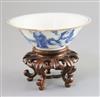 A Chinese blue and white 'immortals' bowl, 18th century, D. 16.5cm, wood stand                                                         