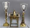 An Art Nouveau design brass hall lantern, a brass corinthian column table lamp and a brass and onyx table lamp                         