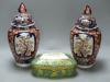 A pair of Imari vases and covers and a Limoges box, height 30cm                                                                                                                                                             