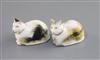 Two Derby porcelain figures of recumbent cats, c.1830, L. 6cm, one with hairline cracks                                                