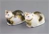 Two Derby porcelain figures of recumbent cats, c.1830, L. 6.2cm, small ear chips                                                       