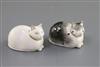 Two Derby porcelain figures of recumbent cats, c.1830, L. 6.1cm, faults to ears                                                        