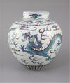 A Chinese doucai 'dragon' jar and cover, Qianlong seal mark, late 19th/early 20th century, 20cm high, neck broken and glued            