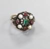 An Arts & Crafts white metal , gem and split pearl set cluster ring                                                                                                                                                         