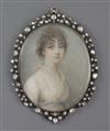 Attributed to George Engleheart (1750-1829) Miniature portrait of a young lady wearing a white dress with a blue sash, 2.75 x 2.25in. g