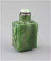 A good Chinese spinach green jade rectangular snuff bottle, 18th/19th century, total height 6.8cm                                      