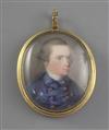 Late 18th century English School Miniature of a gentleman wearing a blue coat, 1.5 x 1.25in.                                           