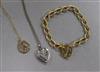 An 18ct gold bracelet, a 9ct gold pendant and chain, and silver locket on chain.                                                       