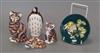 Three Royal Crown Derby paperweights - a cat, a penguin, a dog and a Moorcroft dish                                                    