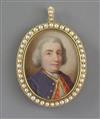 18th century English School Miniature of Judge Rumsey 1.25 x 1in. pearl set frame.                                                     