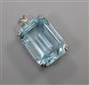 A 14k white metal and emerald cut aquamarine set pendant, aquamarine approx 20mm.                                                      