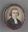 Early 19th century English School Miniature of a cleric, initialled J.R, 1.5 x 1.25in. gem set silver clasp frame.                     