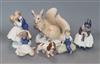 Four Royal Copenhagen figures, a dog and squirrel group tallest 19cm                                                                   