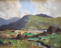 Maurice Canning Wilks (1910–1984) Cottage and sailing boat in a landscape and figure and cottage in an extensive landscape 14 x 18in. a