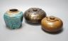 Two Chinese bronze handwarmers and a turquoise glazed jar                                                                                                                                                                   