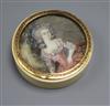 A 19th century ivory box, the lid painted with a lady, with tortoiseshell interior.                                                    