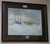 Colour print, 'Snow scene of a horse and hay cart' signed Maney, 31 x 41cm                                                             