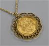 An Edward VII 1908 gold full sovereign in 9ct gold pendant mount, on 9ct gold ropetwist chain.                                         