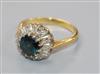 An 18ct gold, sapphire and diamond cluster ring, size O.                                                                               