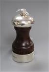 A 1970's silver mounted rosewood pepper mill, 10.8cm.                                                                                  