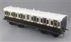 A Gauge 1 non-corridor coach, chocolate and cream coloured, 50cm long with auto coupling                                               