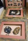 A framed display containing a Paleolithic Henley Pit chopper core and Moortown Pit handaxe and two other displays,                     