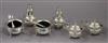 Six assorted silver condiments and a set of four silver salt spoons.                                                                   