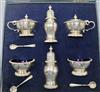 A cased 1950's/1960's six piece silver condiment set with three (ex 4) spoons, William Comyns & Sons Ltd.                              