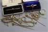 Mixed jewellery including gold bar brooches, gold stick pins and gold ring shanks.                                                     