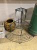 A wrought iron three tier plant stand, height 75cm and a tin glazed vase                                                                                                                                                    