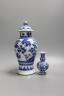 A Chinese blue and white vase and cover, Kangxi mark, 19th century, 26.5cm tall, and a Chinese Kangxi period small vase (2)                                                                                                 