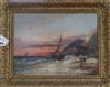 English School (19th century), sunset coastal scene with boat, fishermen mending a broken bowsprit, 28.5 x 39cm                        