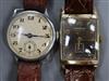 A gentleman's 10k filled Longines manual wind wrist watch with brown rectangular dial and one other wrist watch.                       