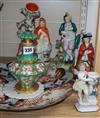 Five Staffordshire figural groups, three others, scent bottle and Imari dish                                                           