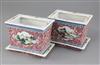 A pair of Chinese famille rose rectangular jardinieres and stands, 19th century, length 17.5cm height 13cm, one stand repaired         