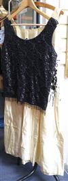 A cream silk and black sequined cocktail dress, and a black beaded and sequined top                                                    