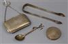 A silver purse on chain (Chester), a silver circular compact, a pair of silver sugar tongs and a turquoise-set Mexican spoon           