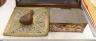 A Meerschaum pipe, a copper casket and brass stand                                                                                                                                                                          