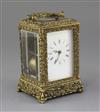 A late 19th century French cast bronze hour repeating carriage clock, height 6in.                                                      