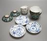 A 19th century Chinese black ground porcelain bowls and two covers, together with an three onion pattern blue and white tea bowls and saucers a/f                                                                           