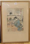 Japanese School, woodblock print, woman at a desk, 33 x 23cm and two other pictures                                                    