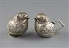 An Edwardian novelty silver cream jug and sugar sifter, each modelled as a hatching chick, by Sampson Mordan & Co, H.68mm.             