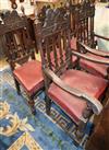 A set of six 1920's oak dining chairs, two with arms                                                                                   