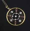 A mid 20th century gold, rose cut diamond, ruby and seed pearl set circular openwork pendant, 34mm.                                    