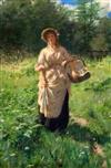 Percy Tarrant (1879-1930) Woman with a basket of wild flowers 14.5 x 9.75in.                                                           